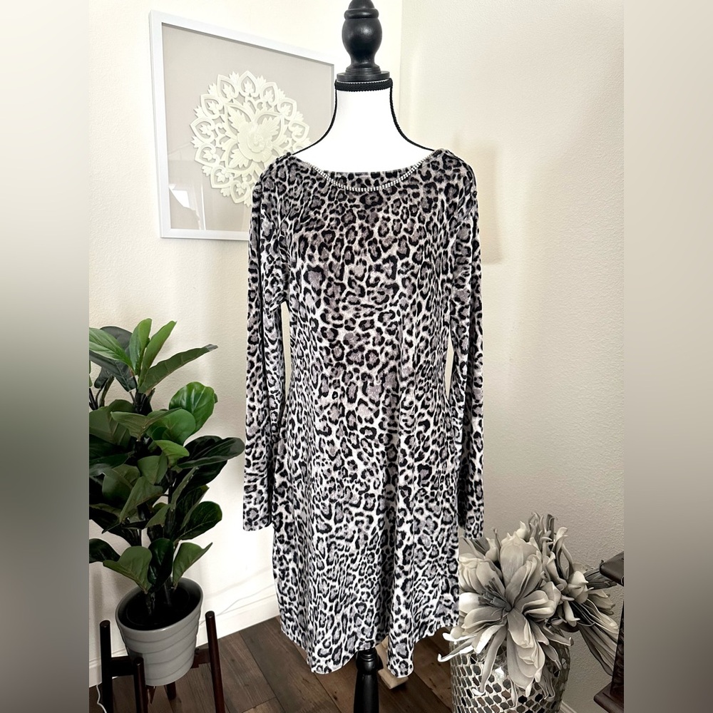 NWT Michael Kors Velvet cheetah boat neck long sleeve chain cowl back dress